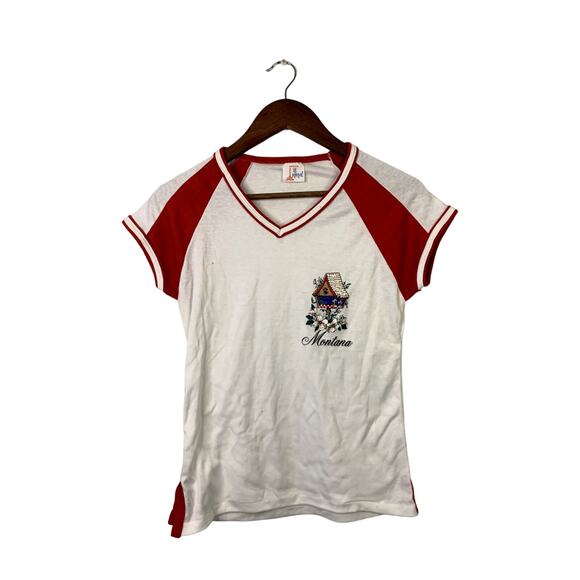 90s Vintage Le Riche M Medium Red White Montana MT Birdhouse Short Sleeve Shirt - Picture 1 of 10